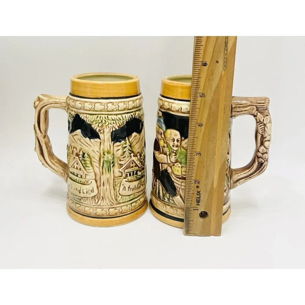 Bavarian Style Beer Steins 6” Ceramic Lieb Und Lied Japan Vintage Barware Beer